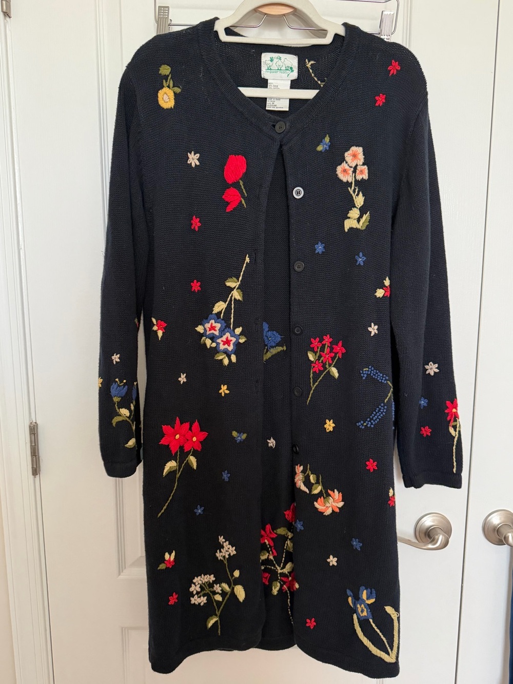 Vintage Quaker Factory Black Floral Embroidered Long Cardigan Coat size Medium